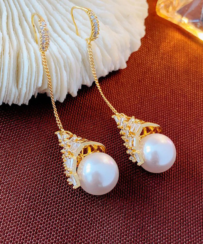 Classy Gold Copper Alloy Zircon Pearl Tassel Drop Earrings