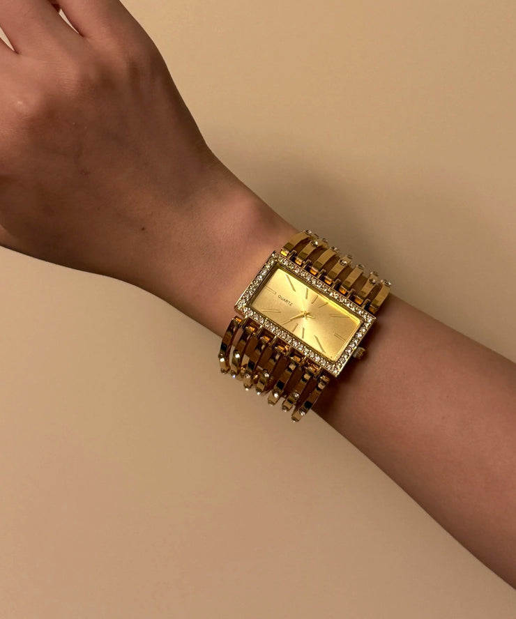 Classy Gold Metal Alloy Rectangle Hollow Out Watches