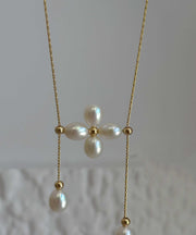 Classy Gold Metal Floral Pearl Adjustable Pendant Necklace
