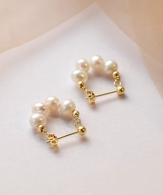 Classy Gold Sterling Silver Overgild Pearl Hoop Earrings