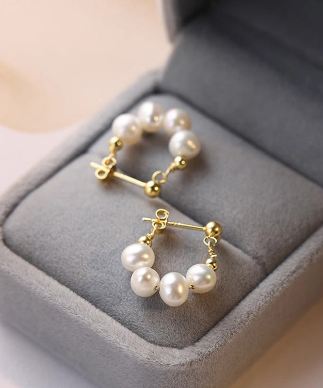 Classy Gold Sterling Silver Overgild Pearl Hoop Earrings