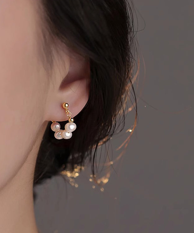 Classy Gold Sterling Silver Overgild Pearl Hoop Earrings