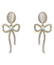 Classy Gold Sterling Silver Pearl Zircon Bow Cat's Eye Drop Earrings