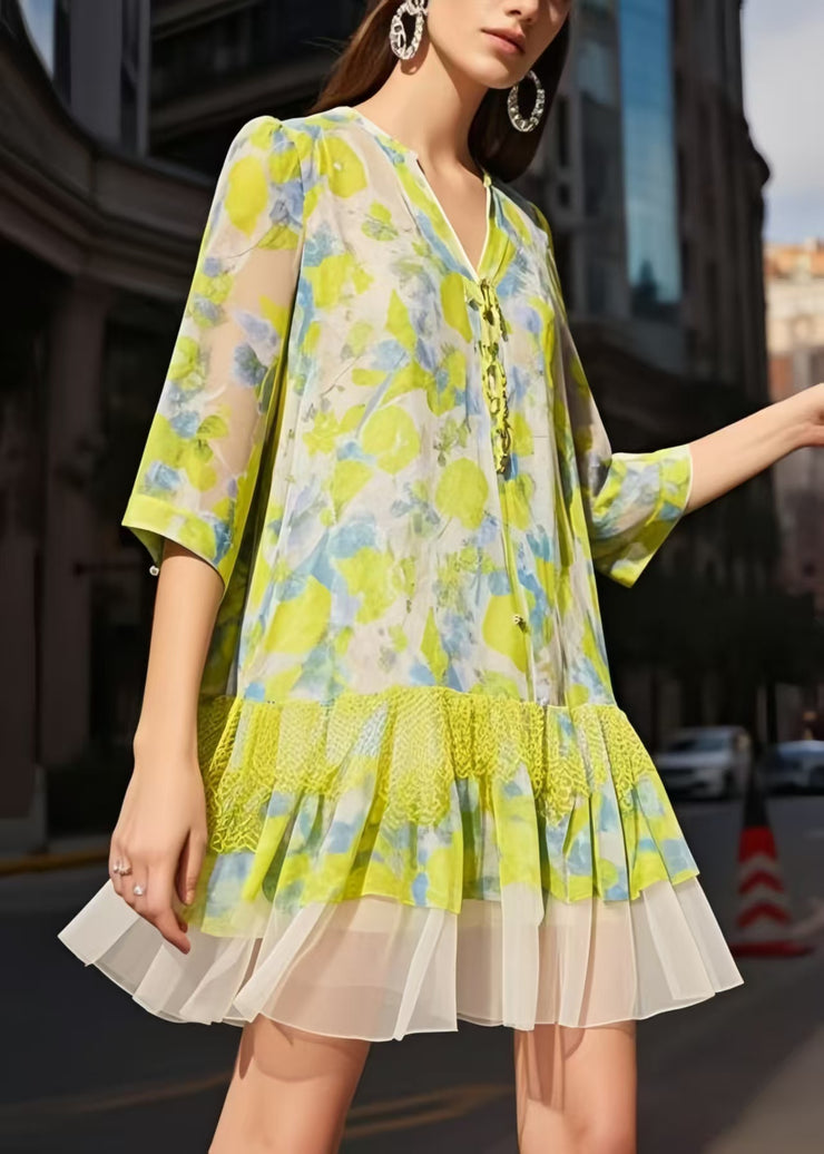 Classy Grass Green Print Chiffon Work Dress Summer