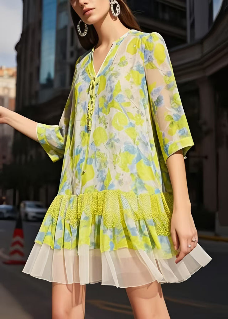 Classy Grass Green Print Chiffon Work Dress Summer