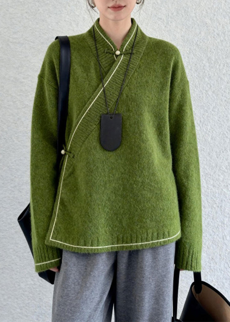 Classy Grass Green Stand Collar Chinese Button Knitted Tops Winter