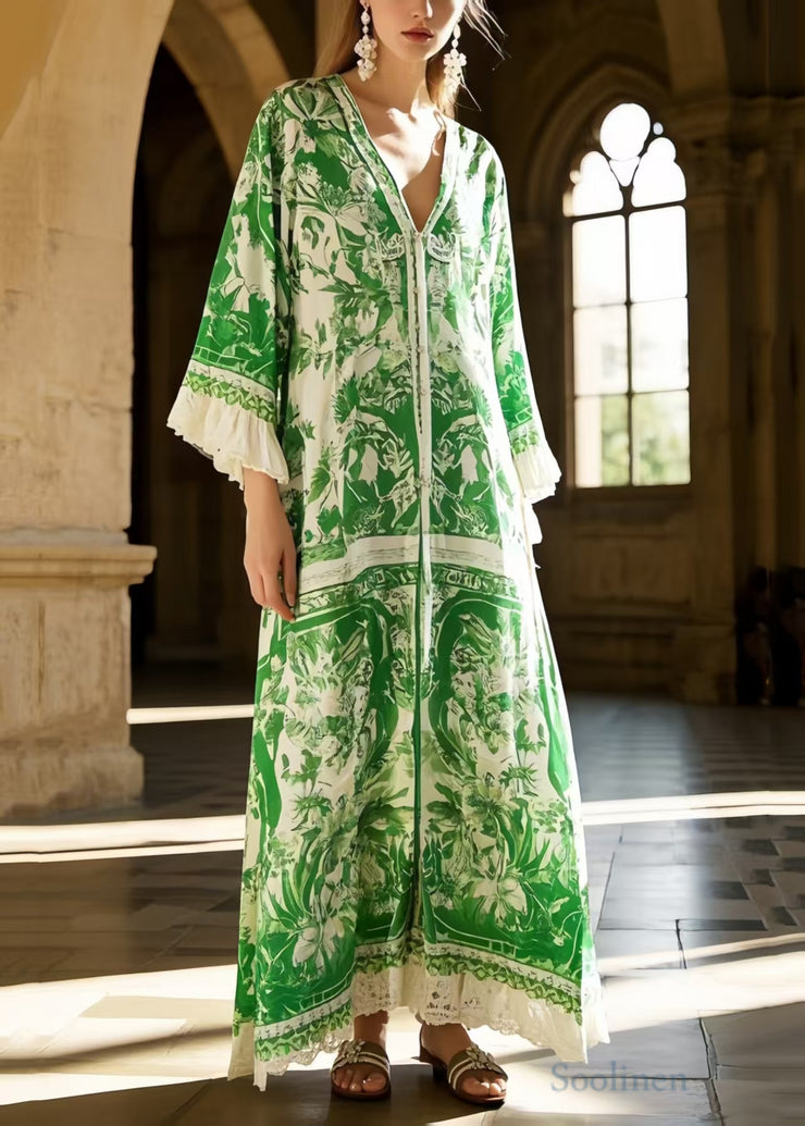 Classy Grass Green V Neck Print Chiffon Holiday Dress Spring