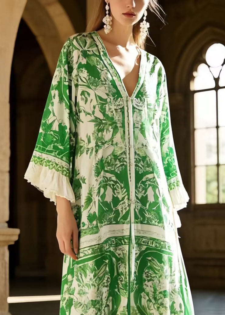Classy Grass Green V Neck Print Chiffon Holiday Dress Spring