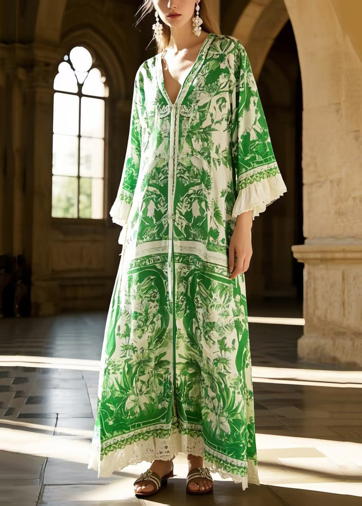 Classy Grass Green V Neck Print Chiffon Holiday Dress Spring