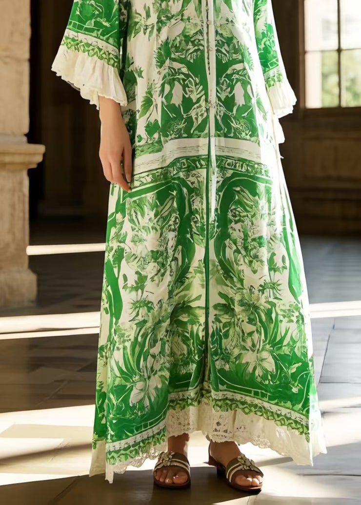 Classy Grass Green V Neck Print Chiffon Holiday Dress Spring