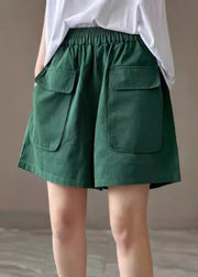 Classy Green Elastic Waist Pockets Cotton Shorts Pants Summer