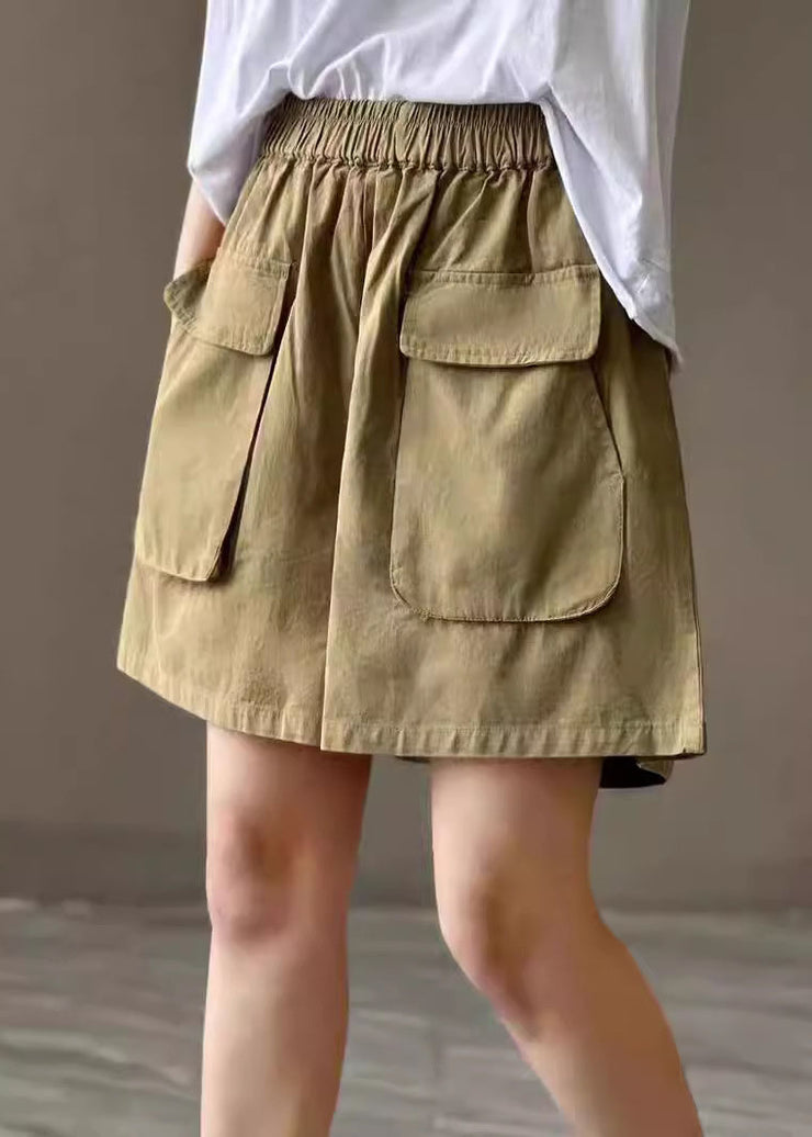 Classy Green Elastic Waist Pockets Cotton Shorts Pants Summer