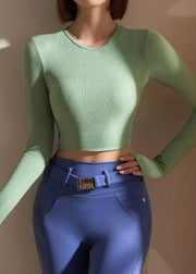 Classy Green O-Neck Backless Long Sleeve Yoga Top