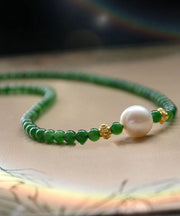 Classy Green Sterling Silver Overgild Pearl Beading Pendant Necklace