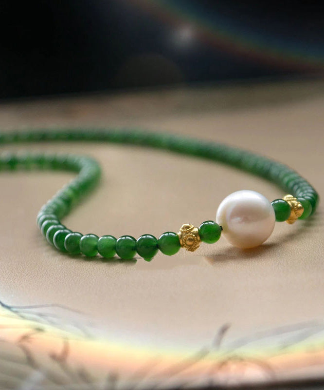 Classy Green Sterling Silver Overgild Pearl Beading Pendant Necklace