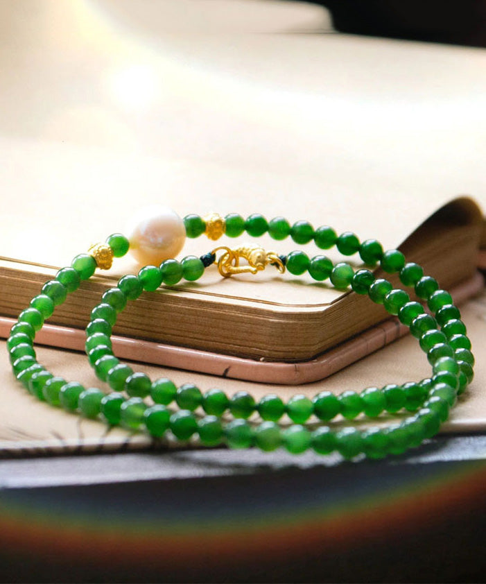 Classy Green Sterling Silver Overgild Pearl Beading Pendant Necklace