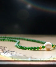 Classy Green Sterling Silver Overgild Pearl Beading Pendant Necklace
