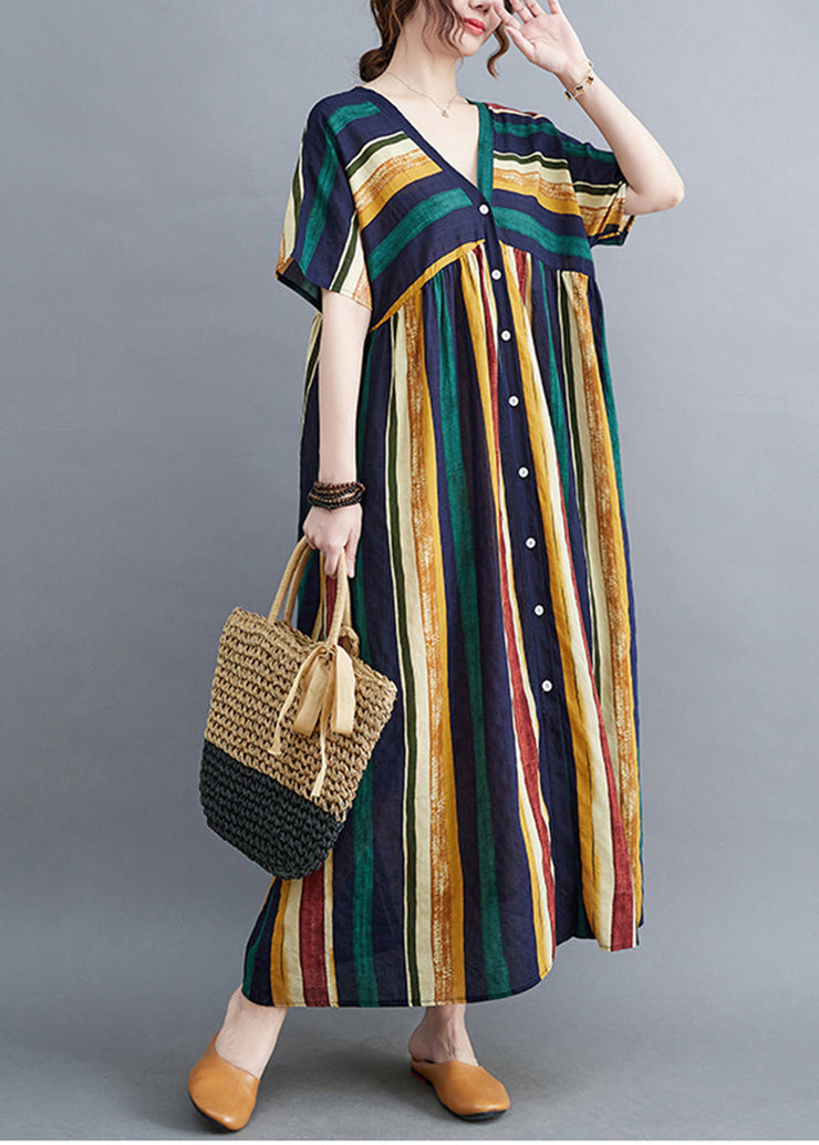 Classy Green V Neck Multicolour Striped Button Linen Ankle Dress Summer