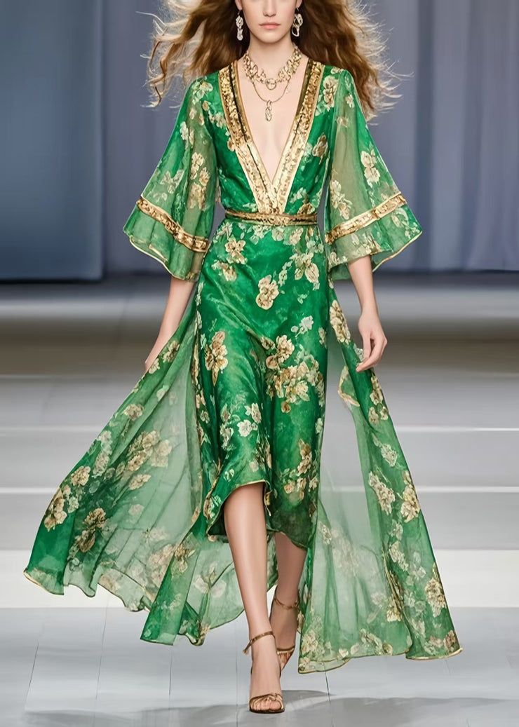 Classy Green V Neck Print Chiffon Vacation Dress Summer