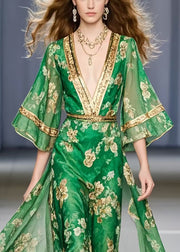 Classy Green V Neck Print Chiffon Vacation Dress Summer