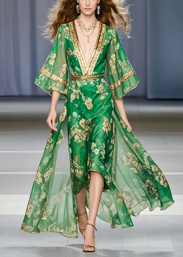 Classy Green V Neck Print Chiffon Vacation Dress Summer