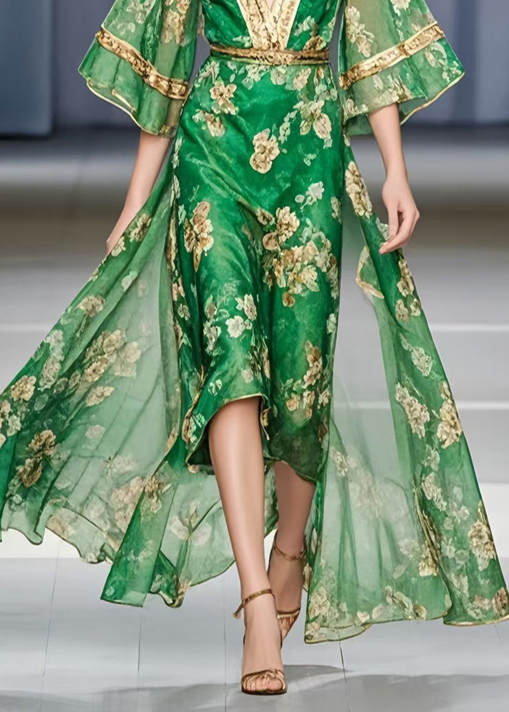 Classy Green V Neck Print Chiffon Vacation Dress Summer