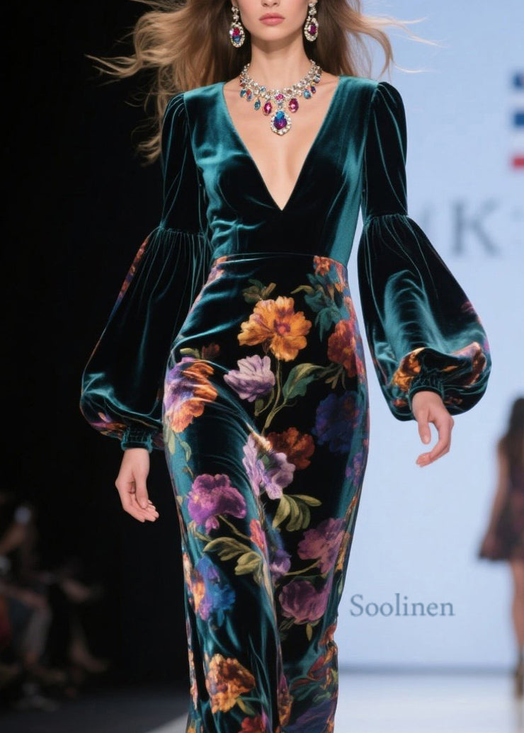 Classy Green V Neck Print Velvet Robe Dresses Lantern Sleeve