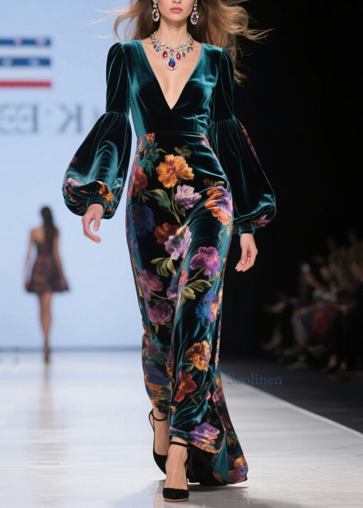 Classy Green V Neck Print Velvet Robe Dresses Lantern Sleeve