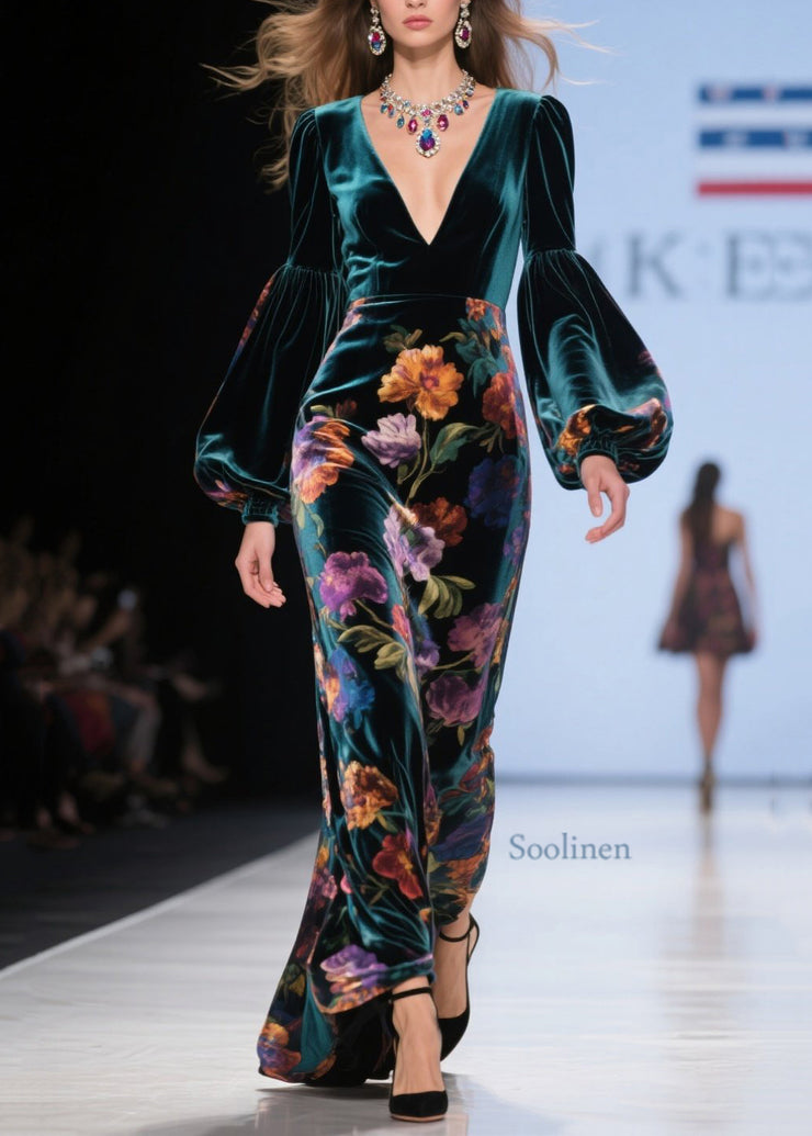 Classy Green V Neck Print Velvet Robe Dresses Lantern Sleeve