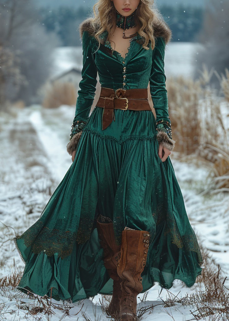 Classy Green Wrinkled Patchwork Velvet Robe Dresses Spring