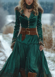 Classy Green Wrinkled Patchwork Velvet Robe Dresses Spring