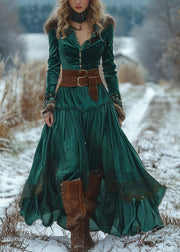 Classy Green Wrinkled Patchwork Velvet Robe Dresses Spring
