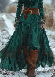 Classy Green Wrinkled Patchwork Velvet Robe Dresses Spring