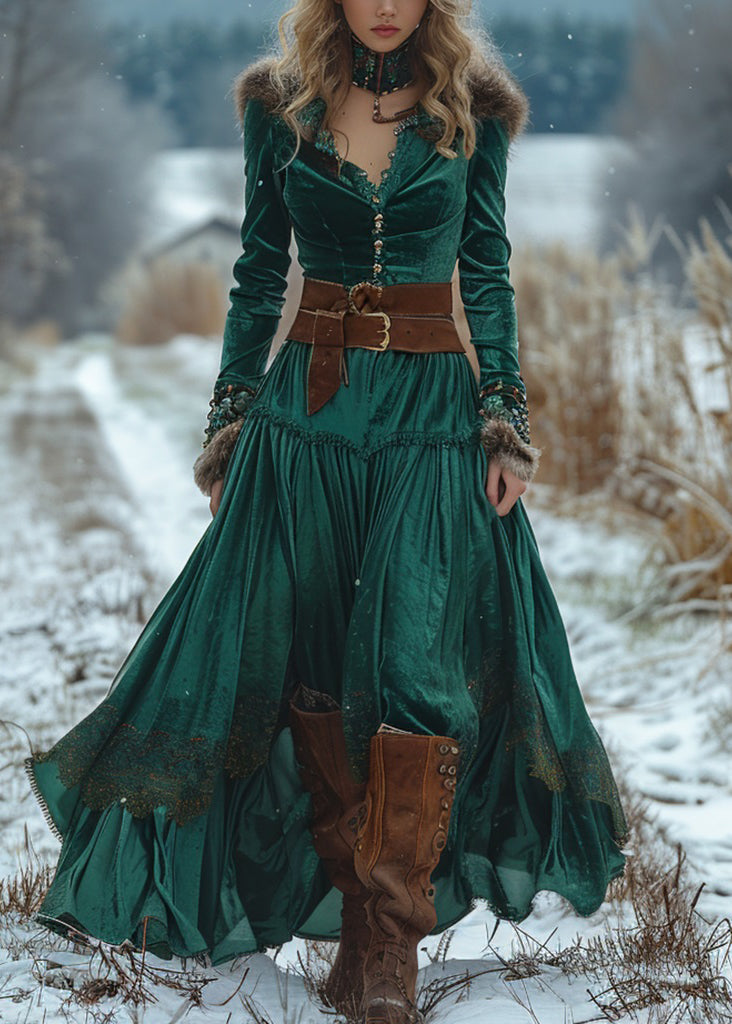 Classy Green Wrinkled Patchwork Velvet Robe Dresses Spring