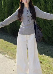 Classy Grey Button Cozy Knit Sweater Tops Fall