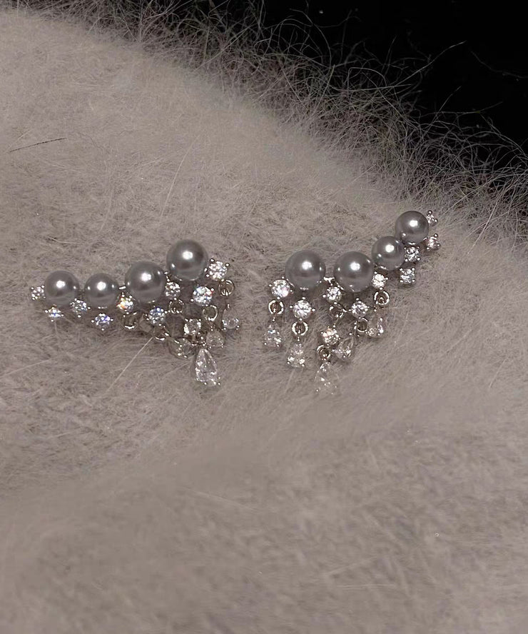 Classy Grey Copper Overgild Zircon Pearl Tassel Stud Earrings