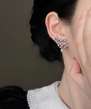 Classy Grey Copper Overgild Zircon Pearl Tassel Stud Earrings