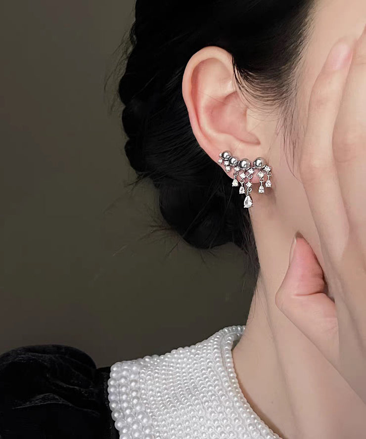 Classy Grey Copper Overgild Zircon Pearl Tassel Stud Earrings
