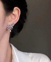 Classy Grey Copper Overgild Zircon Pearl Tassel Stud Earrings