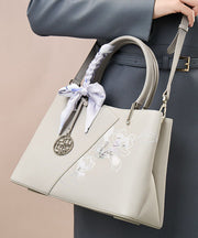 Classy Grey Embroidery Calf Leather Tote Bag