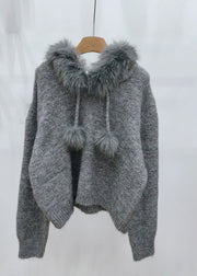 Classy Grey Fuzzy Ball Decorated Thick Hooded Cotton Knit Sweaters Winter