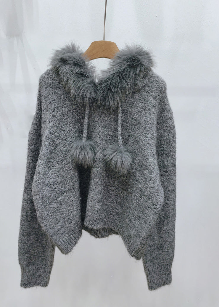 Classy Grey Fuzzy Ball Decorated Thick Hooded Cotton Knit Sweaters Winter