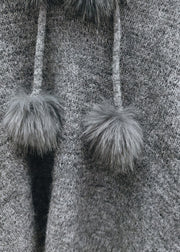 Classy Grey Fuzzy Ball Decorated Thick Hooded Cotton Knit Sweaters Winter