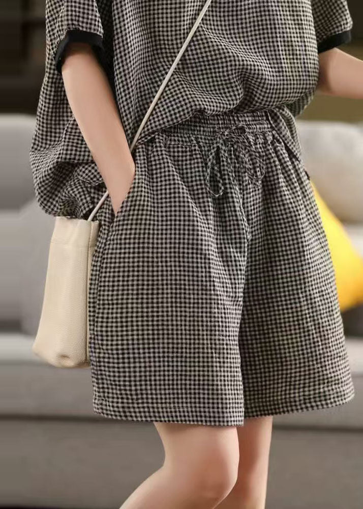 Classy Grey Oversized Plaid Linen Shorts Summer