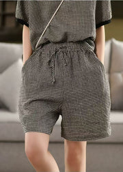 Classy Grey Oversized Plaid Linen Shorts Summer