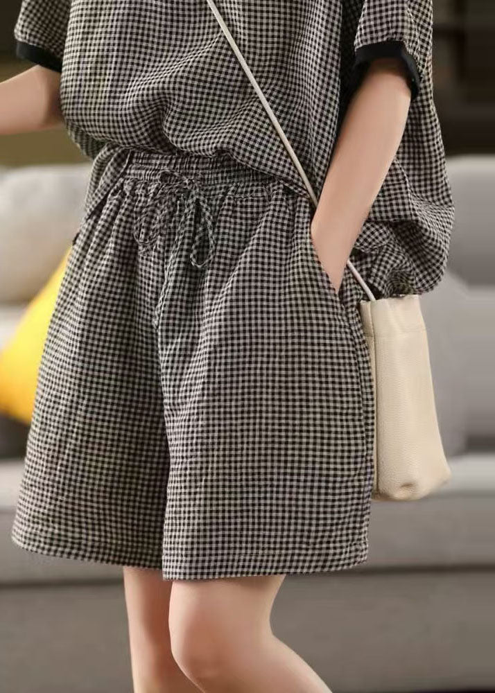 Classy Grey Oversized Plaid Linen Shorts Summer