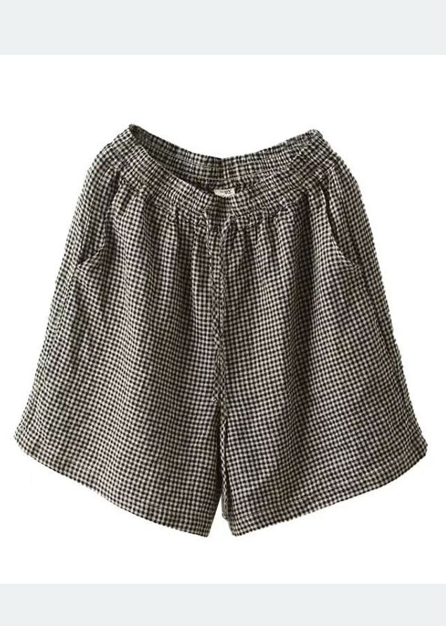 Classy Grey Oversized Plaid Linen Shorts Summer