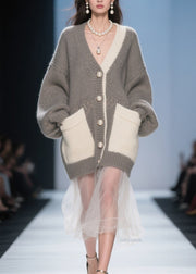 Classy Grey Pockets Tulle Patchwork Knit Cardigan Fall