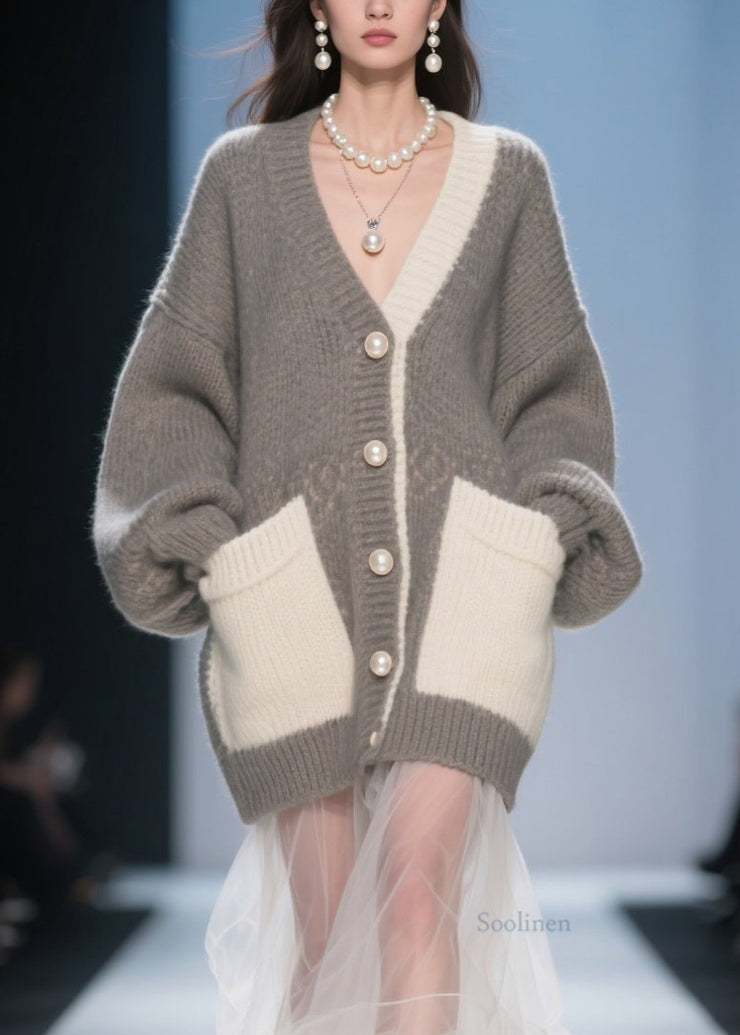 Classy Grey Pockets Tulle Patchwork Knit Cardigan Fall