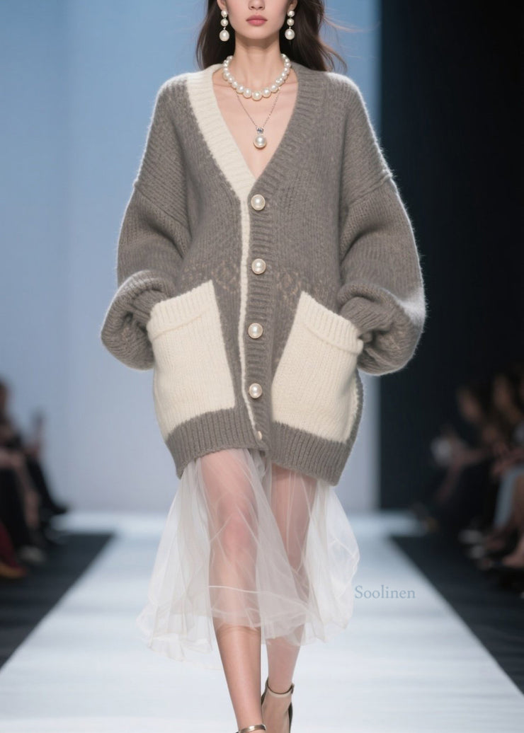 Classy Grey Pockets Tulle Patchwork Knit Cardigan Fall